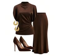 Top fluide et confortable, haute intelligence, et jupe élégante marron en satin brillant à ourlet de sirène. Tenue d'affaires L,M,S,XLUnicoloreSatin