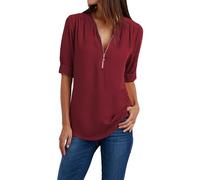 Top Hauts Lâche Respirant Teeshirt Femme Coton Col V avec Zip Manches Trois-Quarts Tee Shirt Femme Grande Taille Chemise Lin Haut Basique Tunique Décontractés Chemisiers Couleur Unie Tops