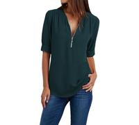 Top Hauts Lâche Respirant Teeshirt Femme Coton Col V avec Zip Manches Trois-Quarts Tee Shirt Femme Grande Taille Chemise Lin Haut Basique Tunique Décontractés Chemisiers Couleur Unie Tops