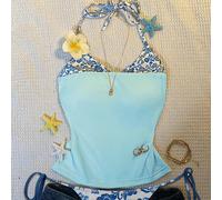 Top imprimé à encolure ras-du-cou, style vacances Y2K, 2 en 1 dos nu, style de vacances simple, imprimé floral frais, convient pour les fêtes, les rendez-vous, les plages, les carnavals et autres occa