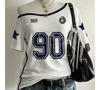 Top jersey sport femme vintage style blokette, coupe ample, épaules dénudées, effet usé, Y2K années 90, bleu marine avec numéro L,M,S,XL,XSGéométrique,graphique,LettresTissu tricoté