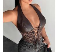 Top licou en patchwork marron foncé imprimé léopard, top corset techno club rave d'été pour femmes, push up Y2K guépard L,M,S,XL,XS,XXSImprimé léopardPolyuréthane