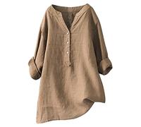 Top Lin Femme Grande Taille Tunique Femme Decontractee Respirant Tee Shirt Boutonnée Femme Printemps Chemise Col Mao Chic et Élégant Chemisier Femme Uni Manches Longues Haut Long (Khaki, XL)