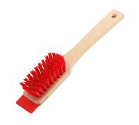 TOP-MAX Brosse de tondeuse à gazon à poils rigides avec grattoir - Manche en bois - Outil de jardin universel pour enlever l'herbe et la boue - Entretien du pont - Rouge