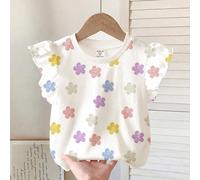 Top mignon à fleurs 3D dopamine, mode décontractée pour jeune fille, manches volantées mignonnes, col rond, convient pour le printemps et l'été, port quotidien, style chill, nouveau style, style girly