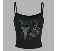 Top moulant sans manches de style gothique "TRACKER" avec décoration de guitare ailée. Casual, convient pour l'été L,M,S,XL,XS,XXL,XXSAnimal,LettresTissu tricoté