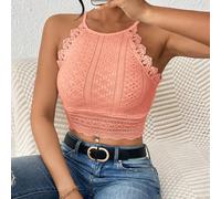 Top noir en texture de tissu coupé ras-du-cou en dentelle guipure, hauts moulants pour sortir L,M,S,XSUnicoloreTissu tricoté