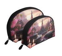 Top of The Snow Mountain Trousse de maquillage portable avec fermeture éclair et compartiments intérieurs, Tour en pierre noire et fleur rose, Taille unique