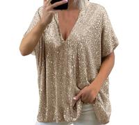 Top Paillette Femme Sexy- Tee Shirt Grande Taille,Haut Femme Chic Manches Courtes Brillante Lâche Grâce Tuniques Loisirs Pull-Over Col V Sequins Mode Chemise Paillettes pour des Soirée Fête