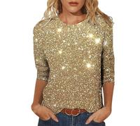 Top Paillettes Femme Soirée Tee Shirt en Dentelle Col en V Manches Courtes Loisirs D'été Tunique Jacquard Blouse Amples Caraco Tops Chemisiers à La Mode pour Clubwear et Fête(A1 Light Jaune,L)