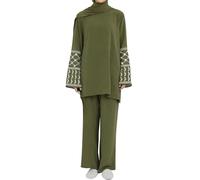 Top + pantalon pour femmes eid ramadan tenues musulmanes deux pièces brodées dubaï abaya vêtements arabes islamiques (Vert armée,S)