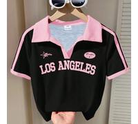 Top polo à manches courtes minimaliste avec imprimé lettres pour préadolescentes, style polo classique américain, look Ivy League, convient pour le printemps/été 7Y,8Y,9Y,10Y,11Y,12Y,13YgraphiqueÉtoff