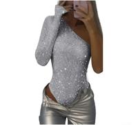 Top pour femme Manches Longues Paillettes Strass Décontracté | Paillettes et strass, manches longues, épaules dénudées, coupe pour slim, style décontracté(White XXL)