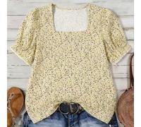 Top pour femme senior vintage de vacances à fleurs ditsy, col carré, manches bouffantes, décontracté, jaune, mode printemps-été L,M,S,XLImprimés aléatoiresÉtoffe