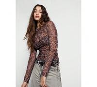 Top près du corps à manches longues transparentes col rond imprimé léopard L,M,S,XL,XSImprimé léopard,Tout Imprimé,Motif texturéTissu en tulle