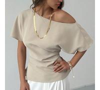 Top pull-over ajusté pour femme, élégant, beige, d'été, pour dîner et rendez-vous, manches chauve-souris asymétriques, taille à volants, style minimaliste, tenue de travail de navetteuse, chic old mon