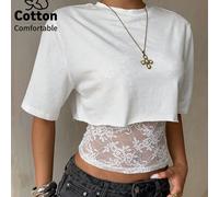Top pull-over femme blanc d'été sexy chic élégant de nuit en dentelle transparente patchwork col ras-du-cou, T-shirt décontracté à manches courtes, style bohème chic L,M,S,XSPlantesÉtoffe