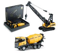 Top Race Modèles de Camions de Construction en Métal Moulé - Camion de Ciment et Grue Lourde - Jouets à l'Échelle 1:50 - Lot de 2 (TR-1420D)