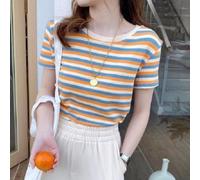Top Rayé pour femme Manches Courtes Col Rond Été Top Rayé pour | Polyester doux et extensible, coupe régulière, confort toute la journée, pour facile à laver(Orange M)