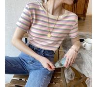 Top Rayé pour femme Manches Courtes Col Rond Été Top Rayé pour | Polyester doux et extensible, coupe régulière, confort toute la journée, pour facile à laver(Pink 2XL)