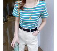 Top Rayé pour femme Manches Courtes Col Rond Été Top Rayé pour | Polyester doux et extensible, coupe régulière, confort toute la journée, pour facile à laver(Light blue XL)