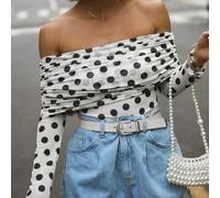 Top rétro à pois blanc et noir à une épaule pour femmes, blouse ajustée à manches longues plissées, style Y2K doux et épicé pour la rue, chemise d'été, Top pour la fête de la Saint-Patrick, tenue de v