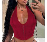 Top rouge Y2K Corset ras-du-cou Sexy Décolleté en V Baleines Œillets Laçage Devant Dos Nu Shapewear Crop Top Fête Sortie Hauts Country Concert Noël L,M,S,XL,XSUnicolore,Tout Imprimé,Motif texturéÉtoff