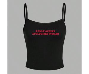Top sans manches noir casual et sexy avec slogan "Je n'accepte les excuses qu'en espèces", convient pour l'été L,M,S,XL,XS,XXL,XXSLettres,SloganTissu tricoté