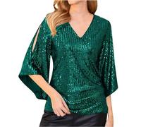 Top scintillant pour femmes au Royaume-Uni, top à paillettes pour femmes âgées femmes occasionnelles col en V pailleté top mode minceur tunique chemisier manches 3/4 élégant paillettes blouse de