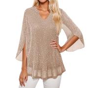 Top Sequin Femme,Chemisier Ample en Maille Double éPaisseur Manches Trois-Quarts éVaséEs Et Col éLéGant IdéAl pour Les Tenues DéContractéEs Et Tendance D'éTé