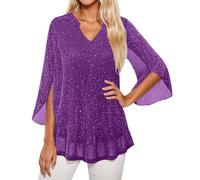 Top Sequin Femme,Chemisier Ample en Maille Double éPaisseur Manches Trois-Quarts éVaséEs Et Col éLéGant IdéAl pour Les Tenues DéContractéEs Et Tendance D'éTé