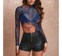Top sexy en maille transparente imprimé floral, manches longues, col montant, coupe slim, design SHEIN X JIAN LASALA SHEIN X favorise la créativité en offrant aux créateurs de mode, aux artistes et au