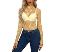 Top sexy en maille transparente pour femme, Jaune, Medium