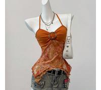 Top transparent à col ras-du-cou à dos nu avec imprimé rétro sur maille, style concert country d'été L,M,S,XL,XS,XXL,XXS,XXXL,XXXXLMotif texturéTissu tricoté