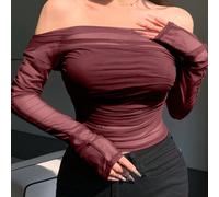 Top transparent à épaules dénudées en maille élastique pour femmes, hauts à manches longues pour le printemps/été pour femmes, hauts de sortie pour femmes L,M,S,XL,XSTissu tricoté