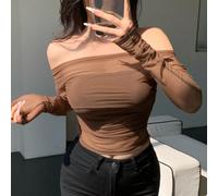 Top transparent à épaules dénudées en maille élastique pour femmes, manches longues pour le printemps/été L,M,S,XL,XSLettres,UnicoloreTissu tricoté