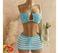 Top tricoté à col ras-du-cou et dos nu de couleur unie et mini-jupe tricotée à taille cordée sexy 2 pièces pour les vacances et les rendez-vous L,M,SRayéTricots