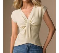 Top tricoté à devant torsadé pour femmes, top ajusté à manches courtes, chemisier décontracté coupe slim, top minimaliste L,M,S,XSUnicoloreTricots