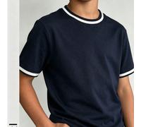 Top tricoté à manches courtes bleu marine style preppy pour enfants, col et poignets côtelés rayés avec bordure contrastée, pull t-shirt décontracté de couleur unie pour tous les jours 8Y,9Y,10Y,11Y,1