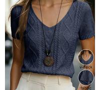 Top tricoté ajusté à manches courtes, col en V avec torsade, couleur abricot, style décontracté. Tenue minimaliste pour un port quotidien L,M,S,XL,XSUnicoloreÉtoffe