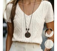 Top tricoté ajusté à manches courtes, col en V avec torsade, couleur abricot, style décontracté. Tenue minimaliste pour un port quotidien L,M,S,XL,XS,XXLUnicoloreÉtoffe