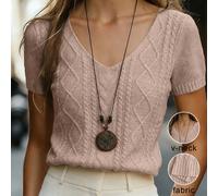 Top tricoté ajusté à manches courtes, col en V, torsade apricot, style décontracté. Tenue minimaliste pour un port quotidien L,M,SUnicoloreÉtoffe