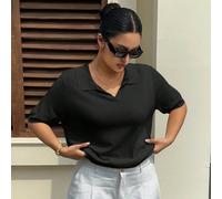Top tricoté ample à manches courtes, col décontracté en patchwork à rayures, pour l'été 0XL,1XL,2XL,3XL,4XLUnicoloreÉtoffe