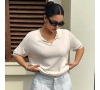 Top tricoté ample à manches courtes, col décontracté en patchwork rayé, pour l'été 0XL,1XL,2XL,3XL,4XLUnicoloreÉtoffe