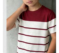 Top tricoté classique à rayures bordeaux et blanc pour adolescents garçons, pull tricoté décontracté à manches courtes, adapté à un style polyvalent pour tous les jours 8Y,9Y,10Y,11Y,12YRayéÉtoffe