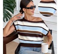 Top tricoté décontracté pour femmes, marron à rayures, asymétrique aux épaules, blocs de couleurs, style français quotidien, élégant et preppy, Paris Brunch, rentrée scolaire, Top d'automne décontract