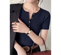 Top tricoté élégant à col en V avec demi-boutons en métal, manches courtes, design printemps/été, coupe slim chic et polyvalente pour femmes, style French Girl L,M,S,XSUnicoloreTricots