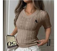 Top tricoté marron ajusté avec broderie col V pour femmes grandes tailles, élégant et polyvalent, convient aux occasions professionnelles et décontractées, toutes saisons/été. Convient pour les tenues
