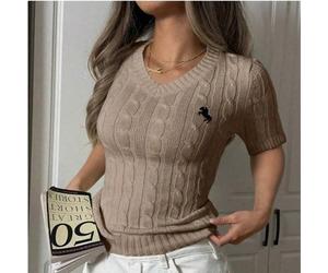 Top tricoté marron ajusté avec broderie col V pour femmes grandes tailles, élégant et polyvalent, convient aux occasions professionnelles et décontractées, toutes saisons/été. Convient pour les tenues