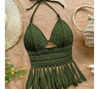 Top tricoté pour femmes avec col licou perlé et ourlet à franges, vert armée, style bohème d'été pour vacances, décontracté, hippie, western, plage, croisière et île L,M,S,XL,XSUnicoloreTricots